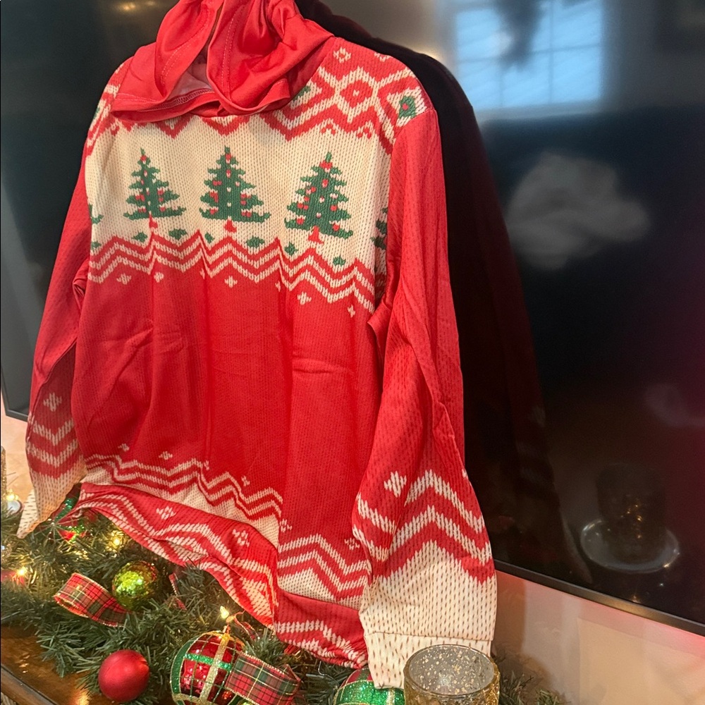 Christmas Tree Fair Isle Print Hoodie Holiday Sweatshirt Red - Picture 3 of 9